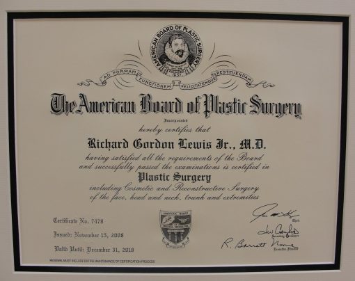 Certificate which declares the American Board of Plastic Surgery's confirmation that Dr. Lewis is certified in plastic surgery.